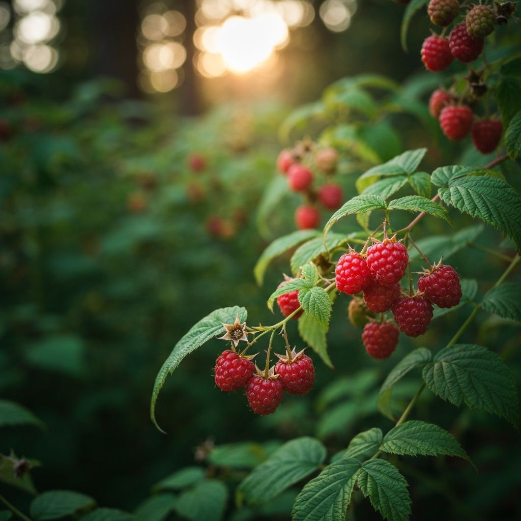 Red raspberries growing on plants